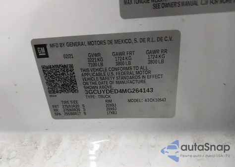 2021 Chevrolet Silverado 1500 4Wd Short Bed Lt z USA, uszkodzony, nr VIN 3GCUYDED4MG264143